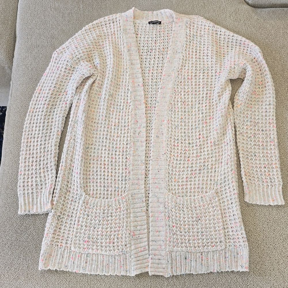 Express Factory Cream Pale Pink Colorful Speckles Open Waffle Cardigan - Medium